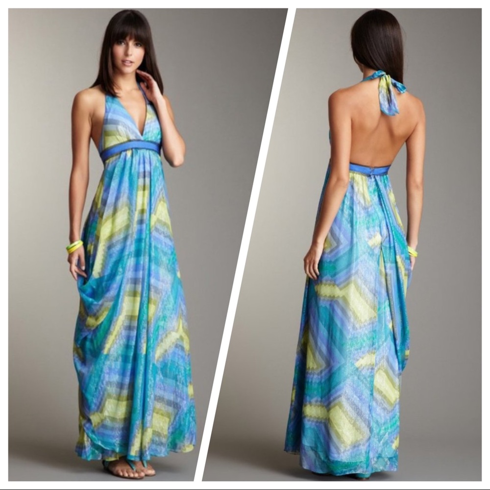 Silk NWOT BCBGMaxAzria Blue and Green halter Maxi Dress - Picture 9 of 12